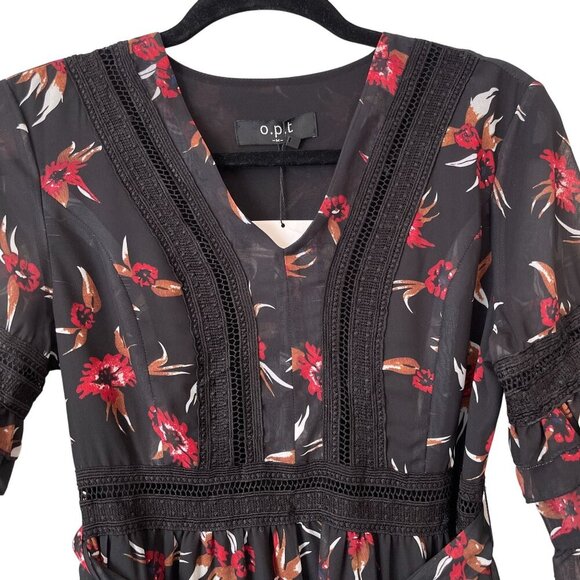 O.P.T Size M Floral Tiered Midi Dress Ruffle Sleeves Crochet Lace Flowy Formal - Picture 6 of 10